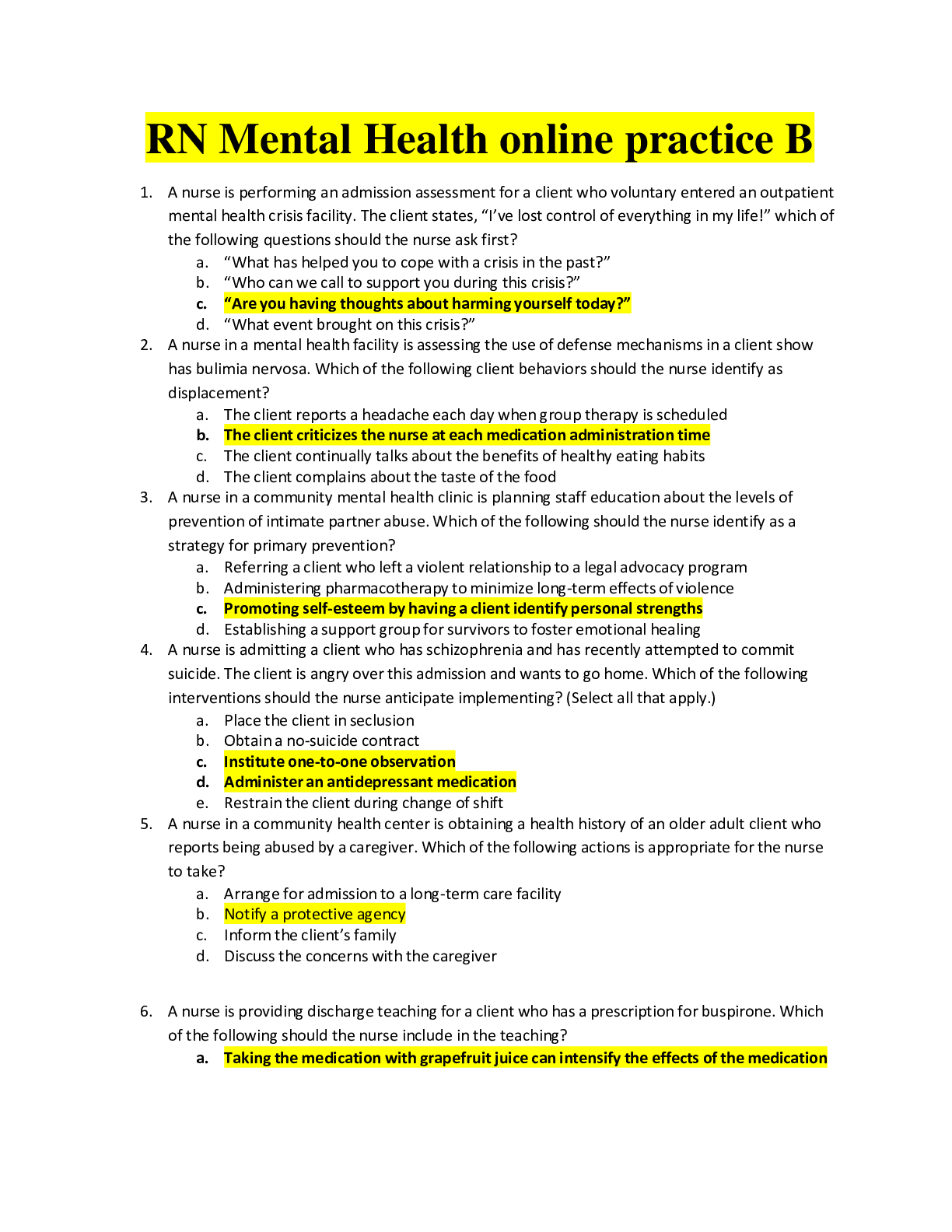 RN Mental Health online practice B, Questions & Answers A Grade Guide